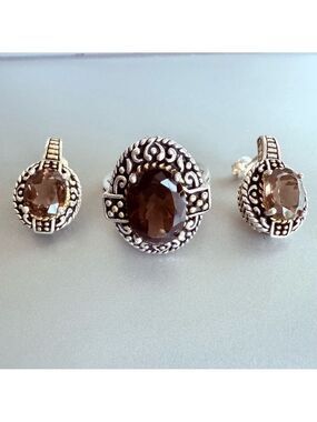 Smoky Topaz Two Tone Filigree Sterling Silver CJ JC Designer Ring & Earr…